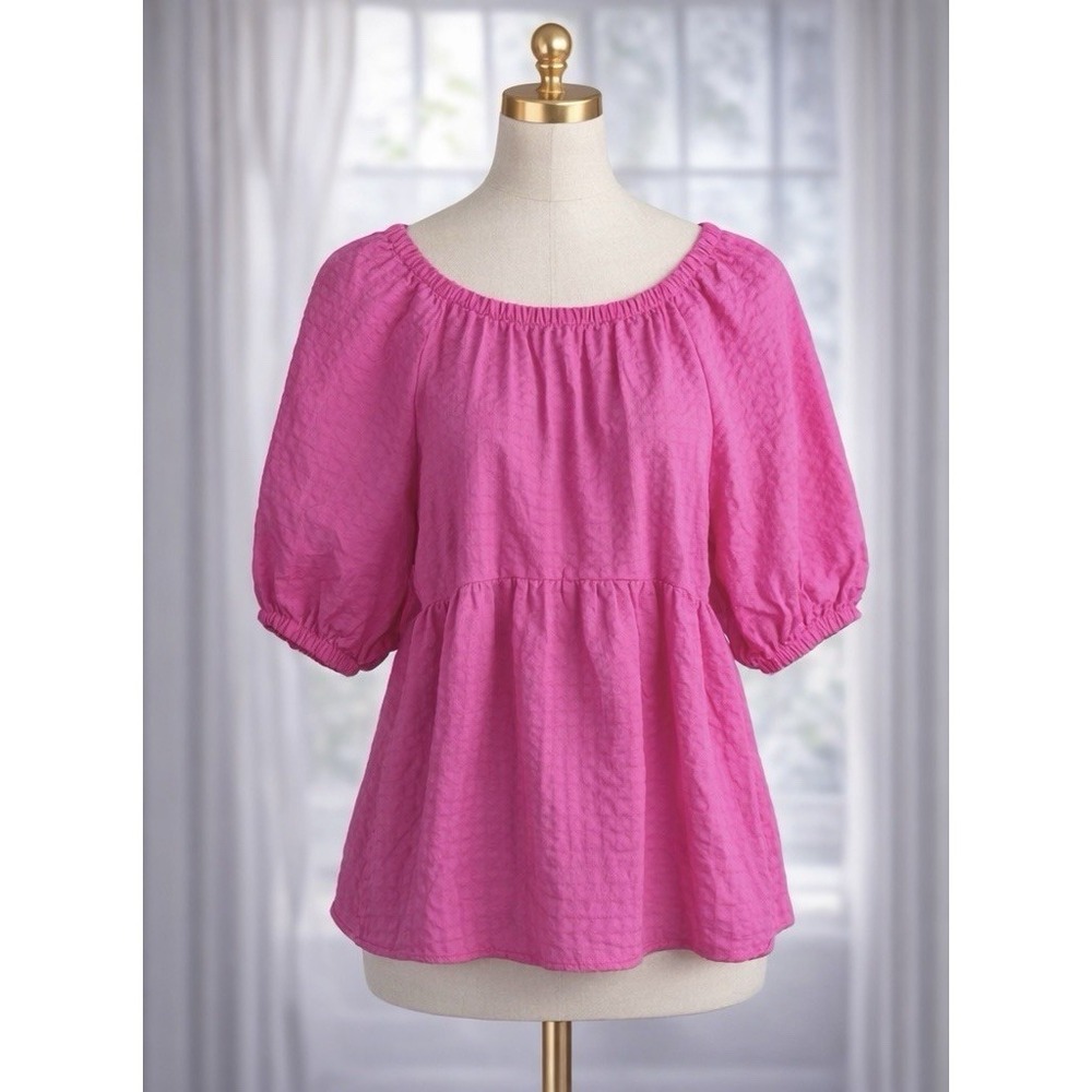 Old Navy Blouse Medium Pink Puff Sleeve Seersucker Babydoll Swing Boho Peasant‎